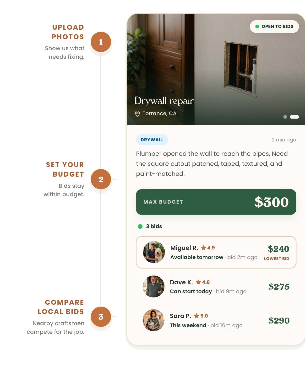 How it works: upload photos, set your budget, compare local bids — on an example Drywall repair job with bids